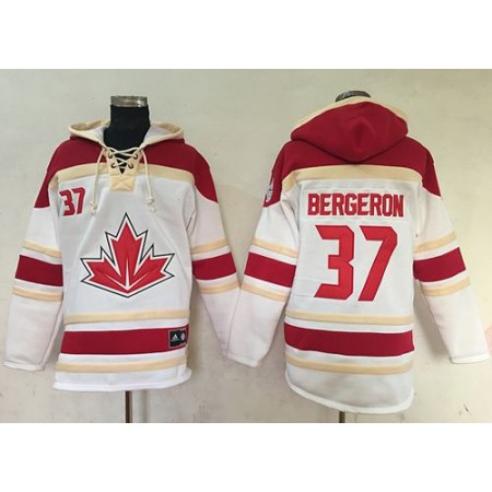Team CA. #37 Patrice Bergeron White Sawyer Hooded Sweatshirt 2016 World Cup Stitched NHL Jersey