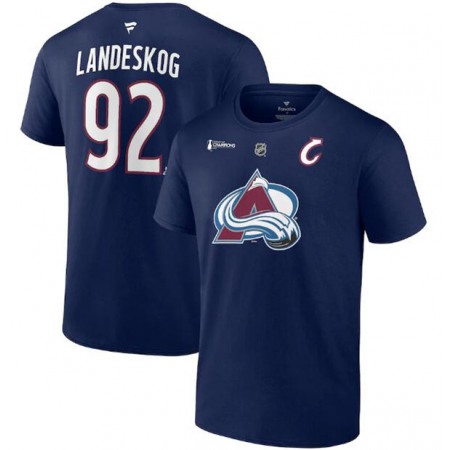 Men's Colorado Avalanche #92 Gabriel Landeskog Navy 2022 Stanley Cup Champions Authentic Stack Name & Number T-Shirt
